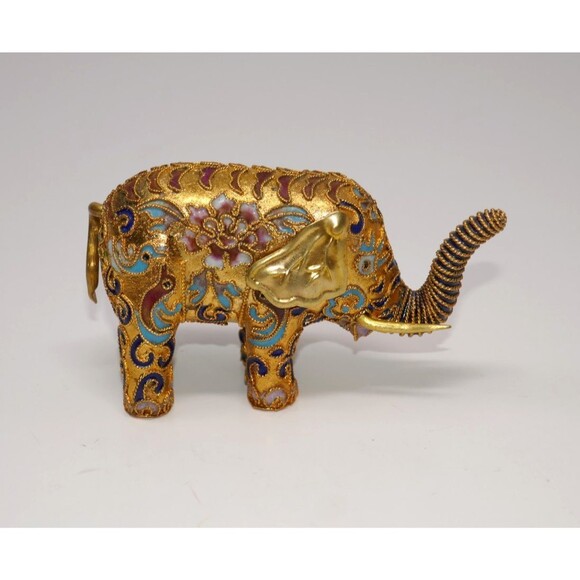 Cloisonné Lucky Asian Elephant Figurine Vibrant Floral Design Brass Enamel - Picture 1 of 7